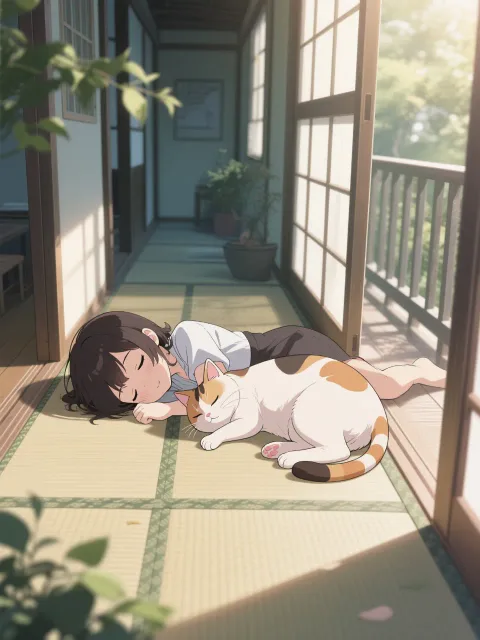 猫と一緒にうたた寝