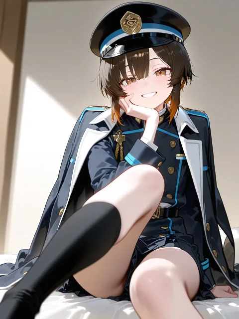 制服姿で座る男子、茶色の瞳、黒い靴下、黒い帽子