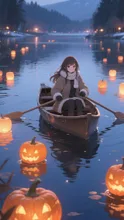 湖面に浮かぶかぼちゃランタン