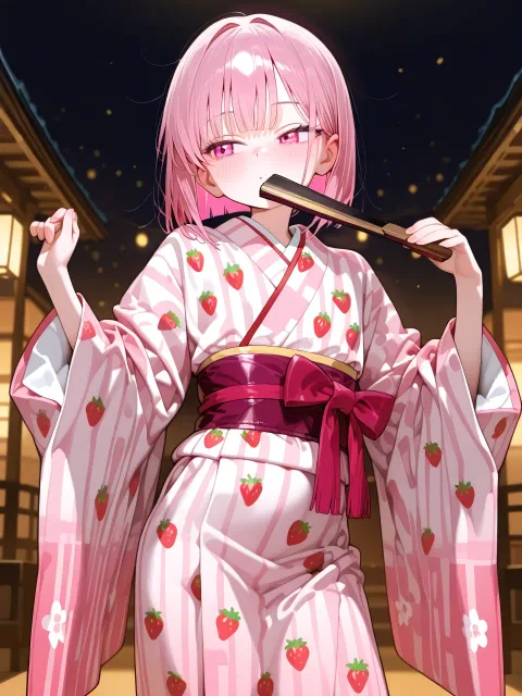 扇子🪭、ピンク髪のばさばさショートボブ、ピンクの瞳