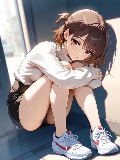 白いニットのタートルネックセーターにフレアミニスカートの少女