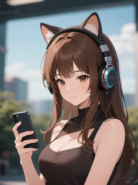 女性で、猫耳のヘッドホンをしていて