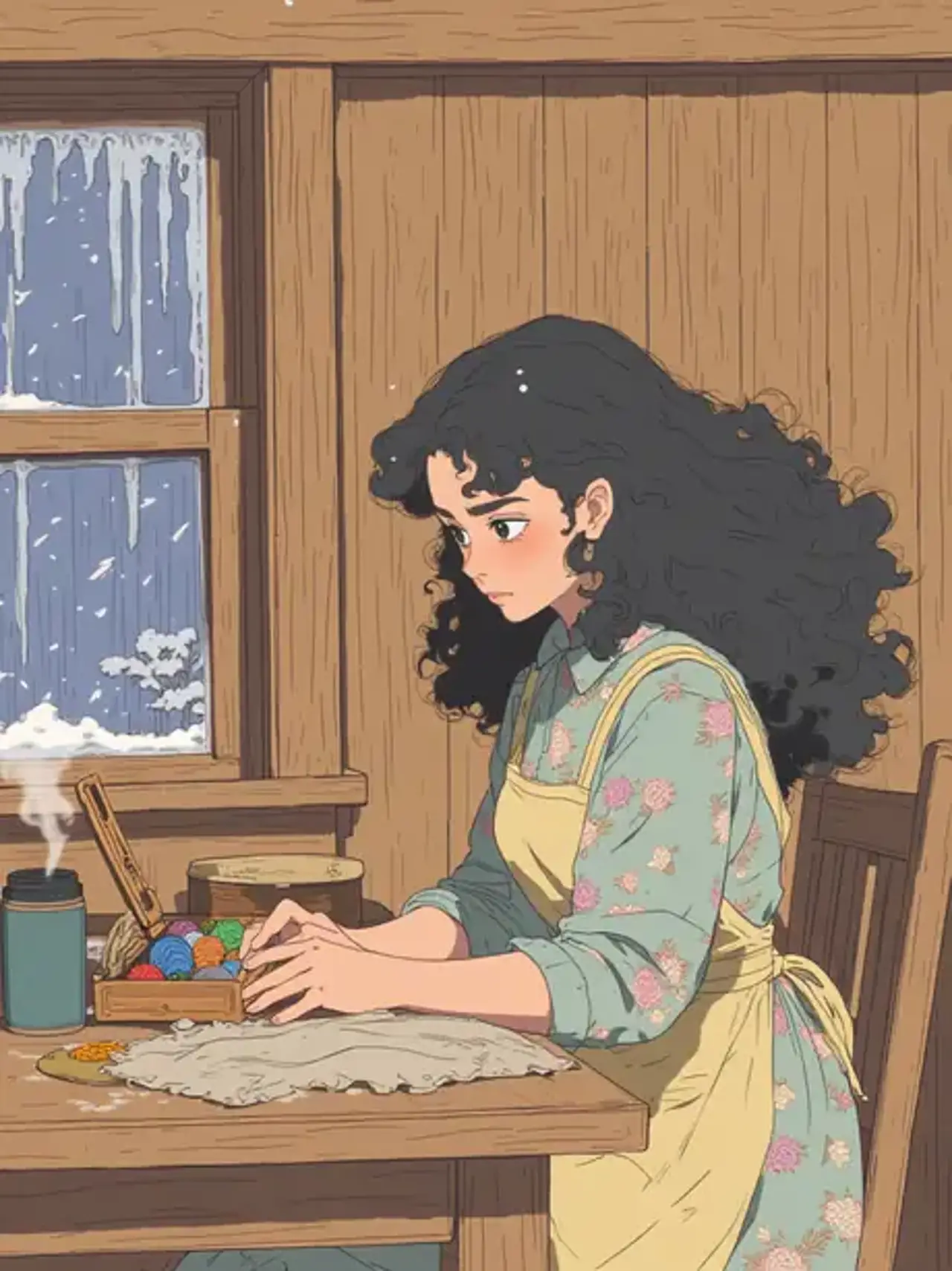 When snow falls on the wooden window, the needle and thread…