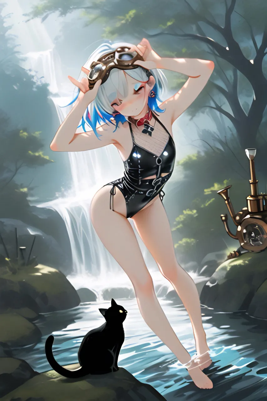 滝つぼで水遊びしてる…パンク娘と黒ニャンコ…青