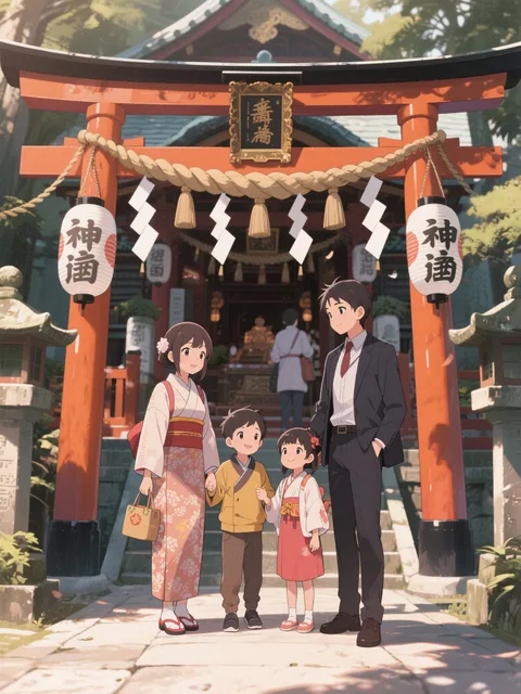 家族みんなで楽しく神社に初詣。