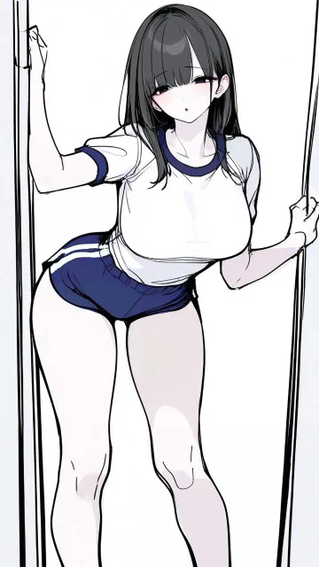 白い体操着と紺のブルマの色っぽい成年女性、体育館の中