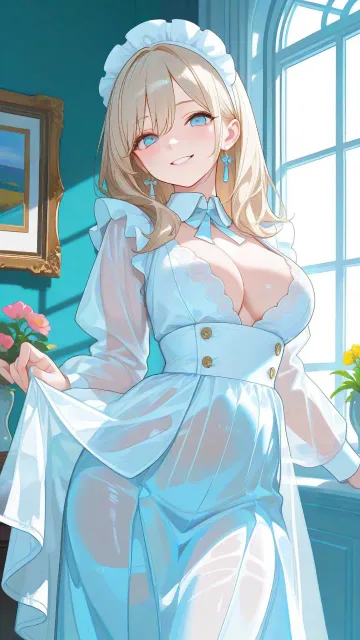 笑った顔の色っぽい成年女性、窓辺の椅子、くびれた腰