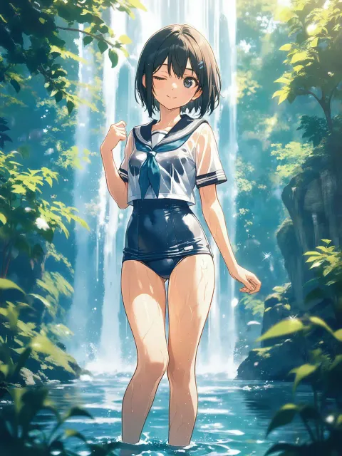 滝壺で涼をとる少女