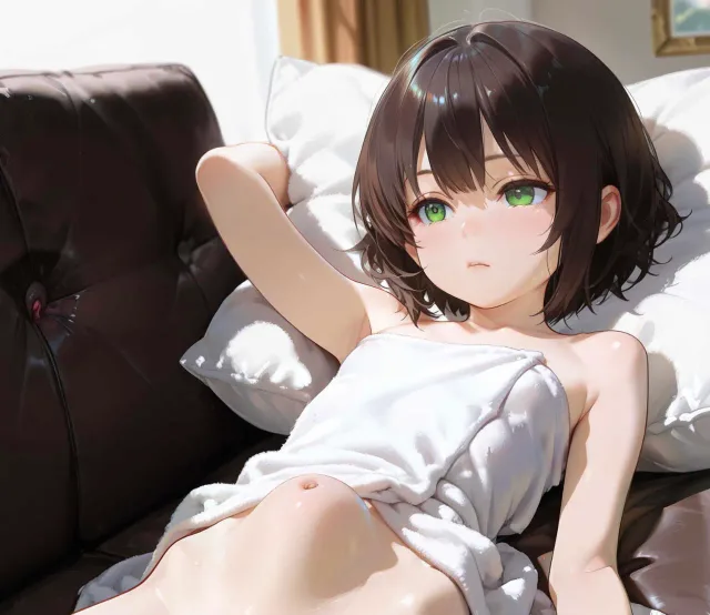 素肌にタオルを巻きつけた少女