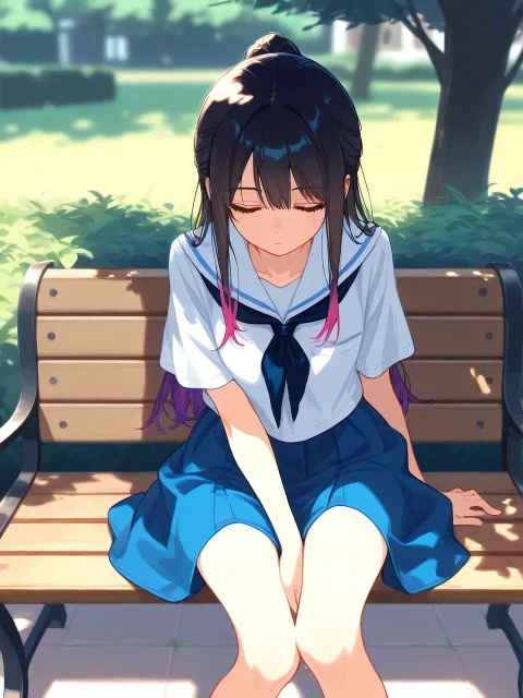 初夏の制服、ベンチ、穏やかな時間