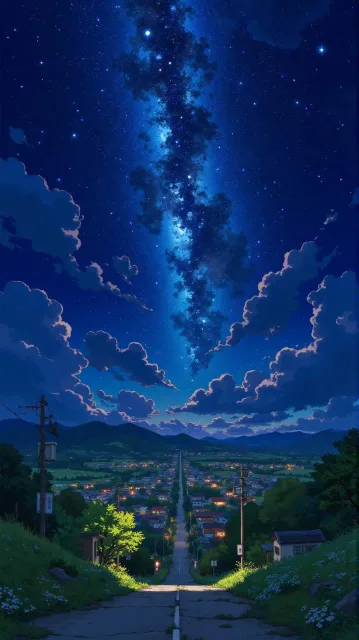 満天の星と天の川と静かな田園の夜景、和の風景、人物なし