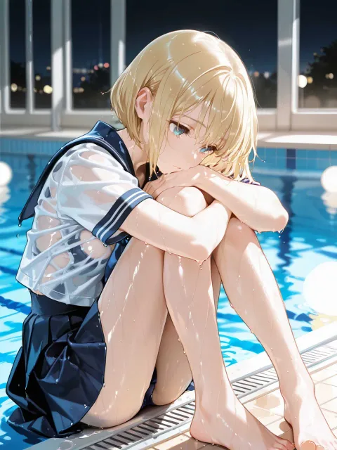 セーラー服のままプールに浮かぶ少女、金髪ショートカットアシメ