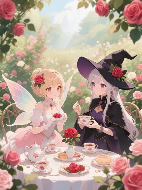 バラ園でバラの妖精とバラの魔女がお茶会をしている - 春のはじまり