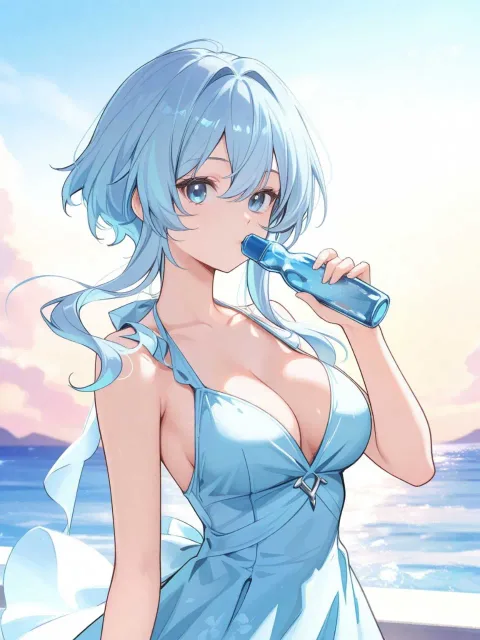 凛とした女性、水色の髪、ロングヘア、水色のワンピース