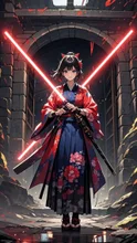 赤いライトサーベルの女侍