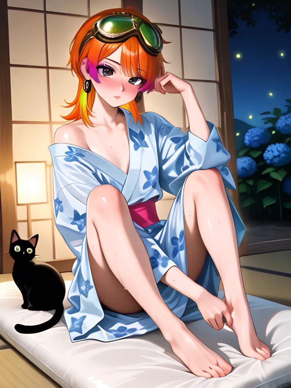 寝苦しい夜に浴衣ですわ…パンク娘と黒ニャンコ…橙