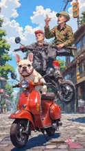 スクーターに乗ったフレンチブルドッグ