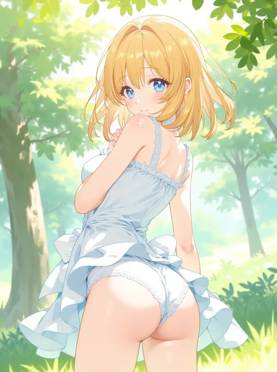 夏の木漏れ日、金髪セミロング、青い瞳、風のいたずら、照れ笑い