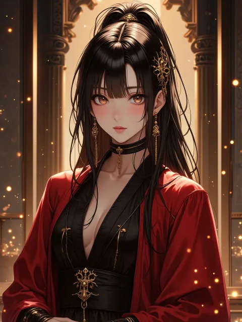 きちんとした服装、蠍座をイメージした深紅と黒の衣装の成年女性