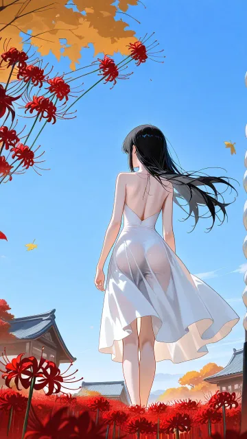 秋の田園に咲く赤い彼岸花、その中を歩く女性、白いワンピース、長い黒髪、夕暮れ、赤い花と青い空のコントラスト、幻想的で美し…