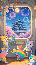 虹色子猫、電車の窓、桜満開、弘前城