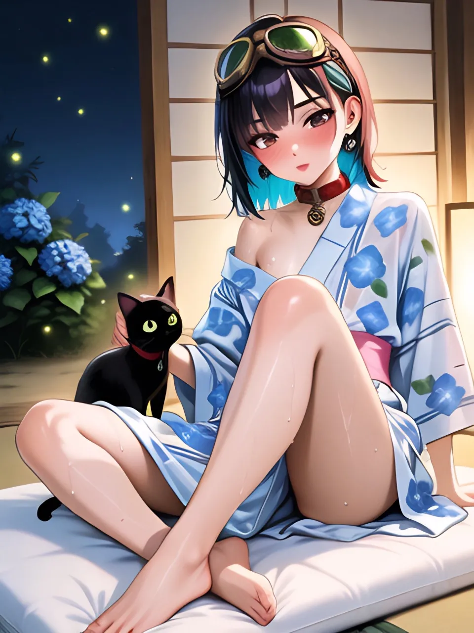 寝苦しい夜に浴衣ですわ…パンク娘と黒ニャンコ…黒