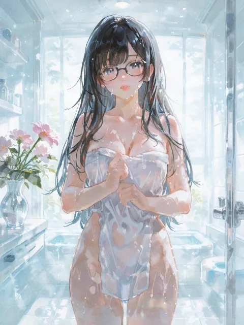 黒縁眼鏡を掛けた色っぽい成年女性、湯上がりの洗面所 - 眼鏡 vs 素顔