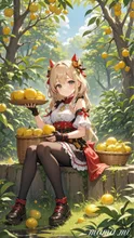 金色の果実を収穫をする少女