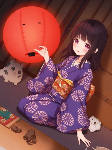 夜の和室、大きな赤い行灯 - 行灯の間