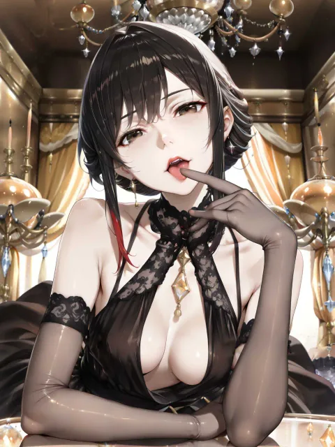 頬を染めた成人女性、伏せたまつげ、茶色の瞳、パステル黒髪