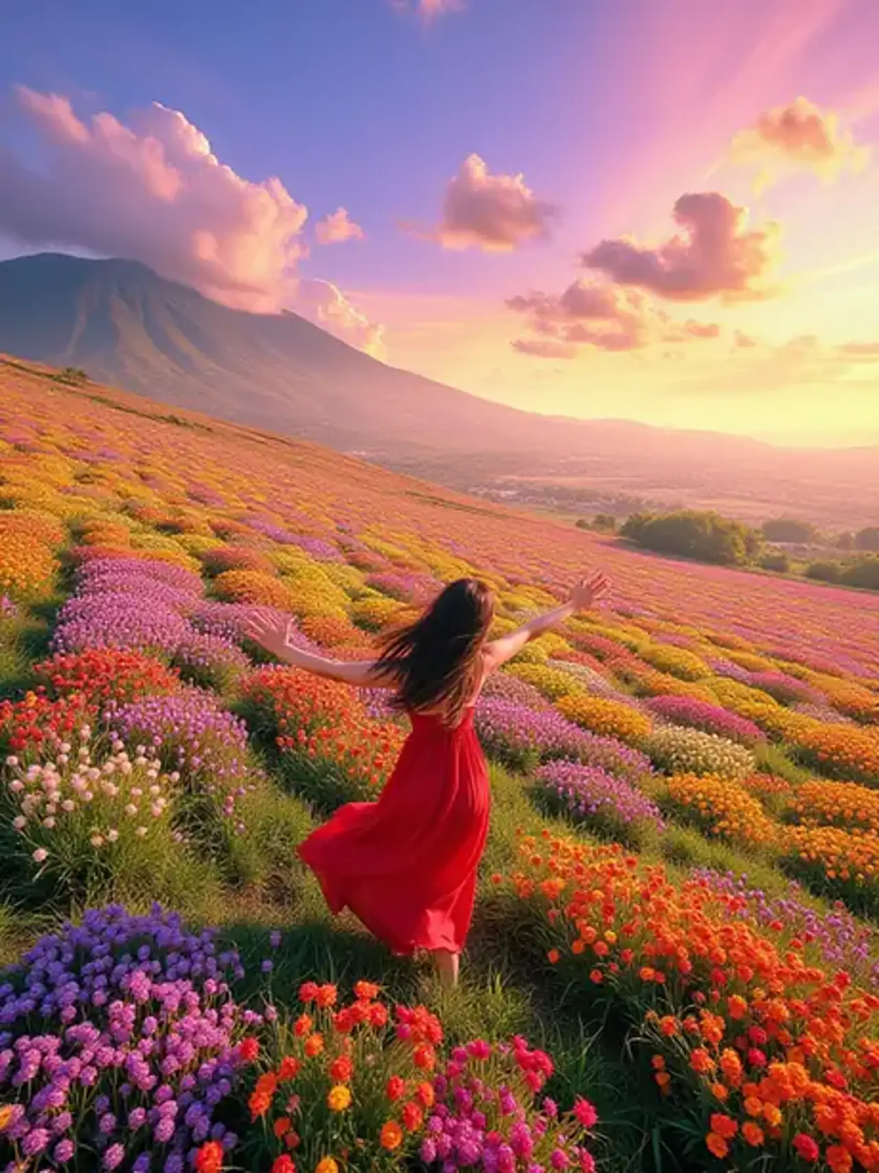 Waves of flowers in the wind, a red-clad dream under a霞光-dre…