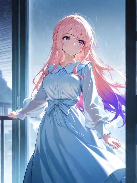 境界線の上に立つ美少女、右側側が晴天昼間、左側が雨天夜間
