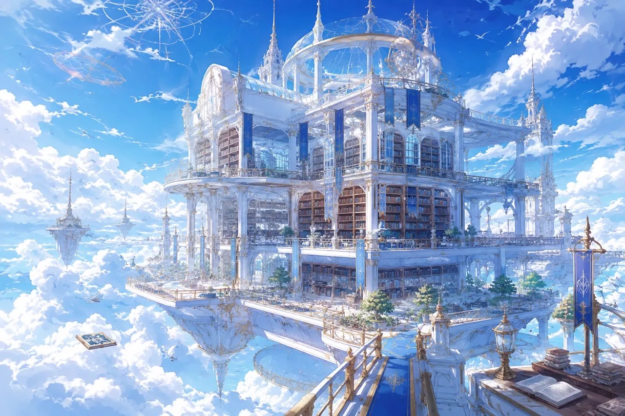 空に浮かぶ図書館☁️📕 — いっぬさんのAIイラスト