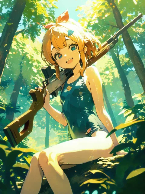 1人の少女、サバイバルゲーム、森の中 - 凛々しいミリタリーガール