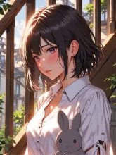 涙を堪えている紅夜さんと子うさぎ — 紅夜さんのAIイラスト