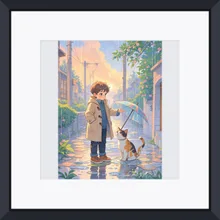 雨の日の少年と猫の出会い