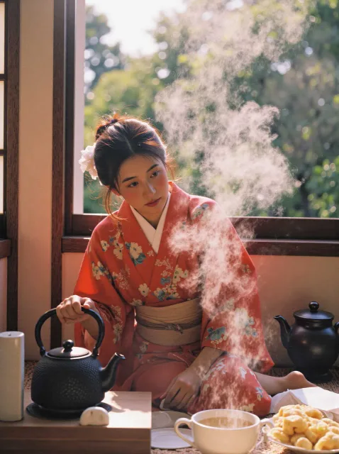 釜の湯気の立つ茶室