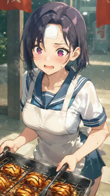 三角巾とエプロン姿のセーラー服の少女、紅白幕のかかる校舎