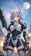 虹色子猫と戦闘用メカスー ツを纏った少女