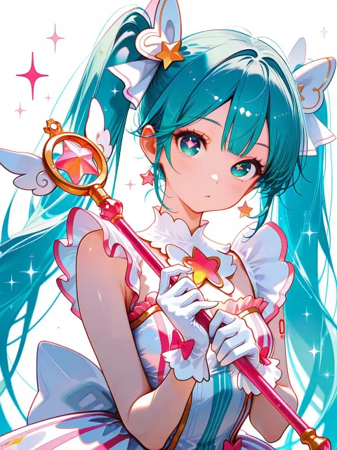 hatsune miku, magical girl, pink and white striped dress, bi…