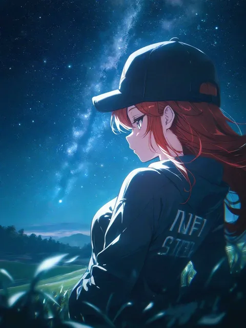 丘に仰向けに寝て夜の星空を眺める野球帽を被った女の子綺麗な星…