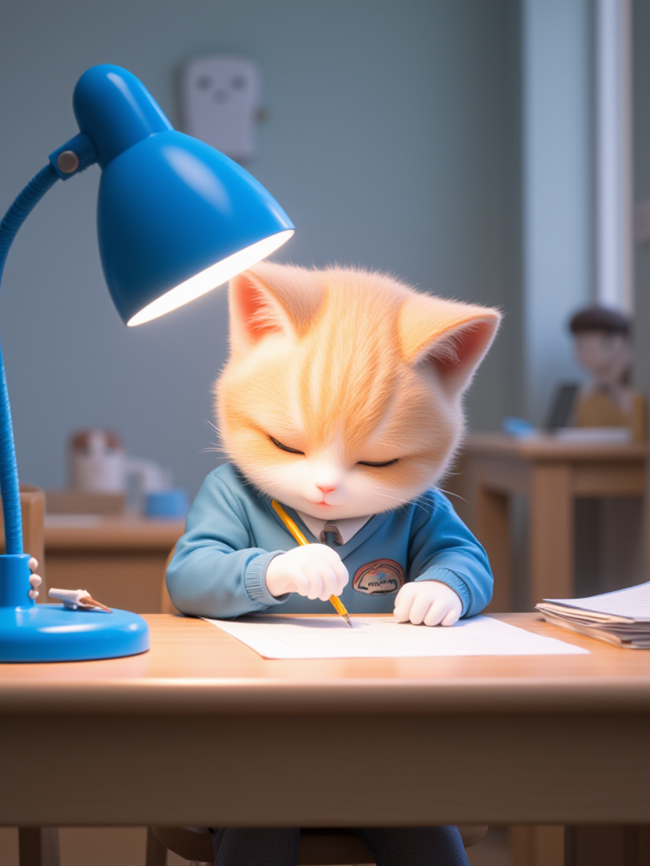 The cute cat doing homework attentively is just like us who…