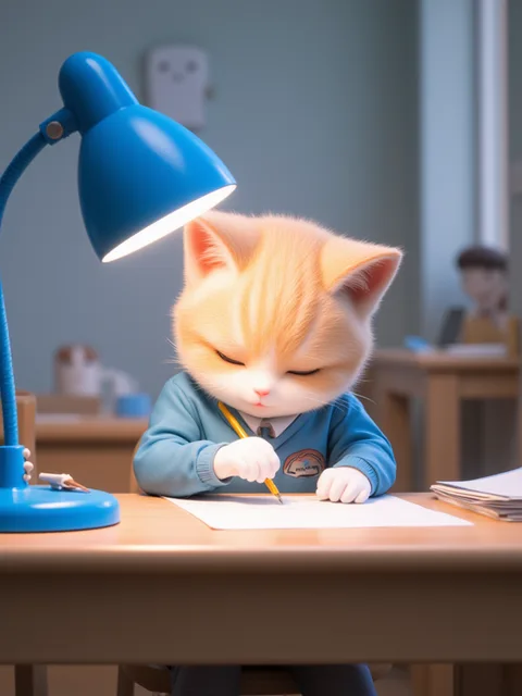 The cute cat doing homework attentively is just like us who…