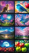 16コマの絵、子猫、富士山の五合目、青い鳥のルリビタキ、花火、桜満開、満月、赤い林檎、緑色の林檎、黄色の林檎、ネ