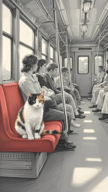 夕方五時、電車の赤いシートに乗客の間に座っている三毛猫
