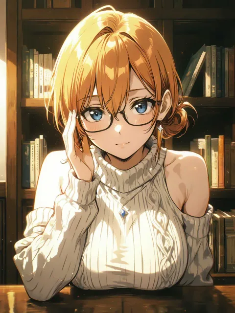 メガネの大人の美女、タイトなニット、夕暮れの光 - 知的メガネ女子
