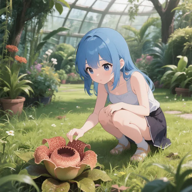 草が生い茂る植物園 青髪セミロングの美少女がしゃがんで目の前…