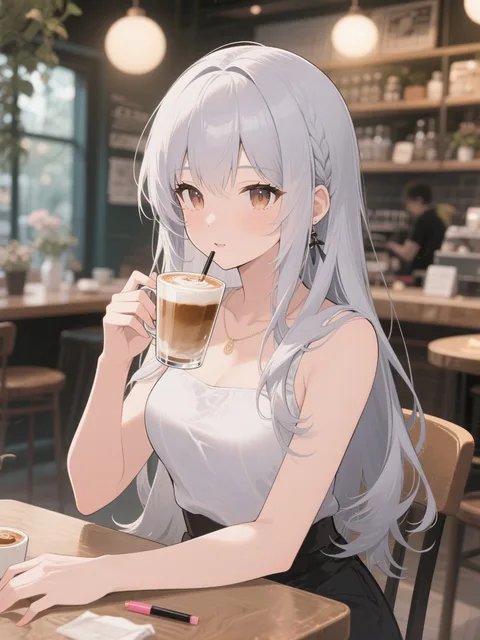 カフェの背景、ふんわりした光、やさしい雰囲気、優しいイラスト