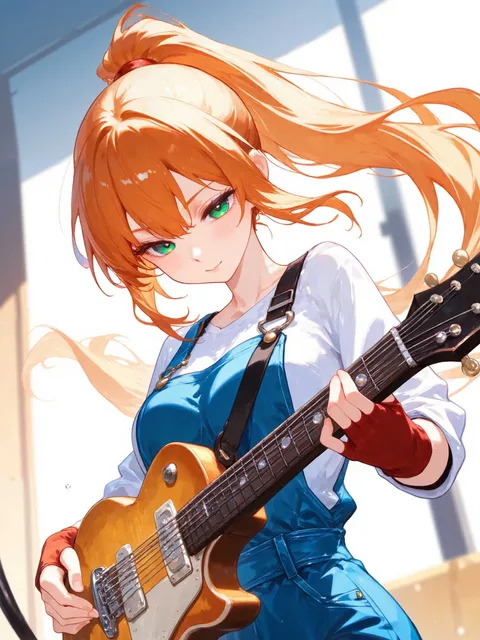 オーバーオールを着たポニーテールが似合う女の子がギターを奏でている