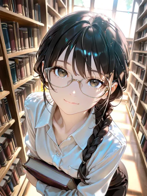 1girl、solo、intelligent glasses - 秋の図書室